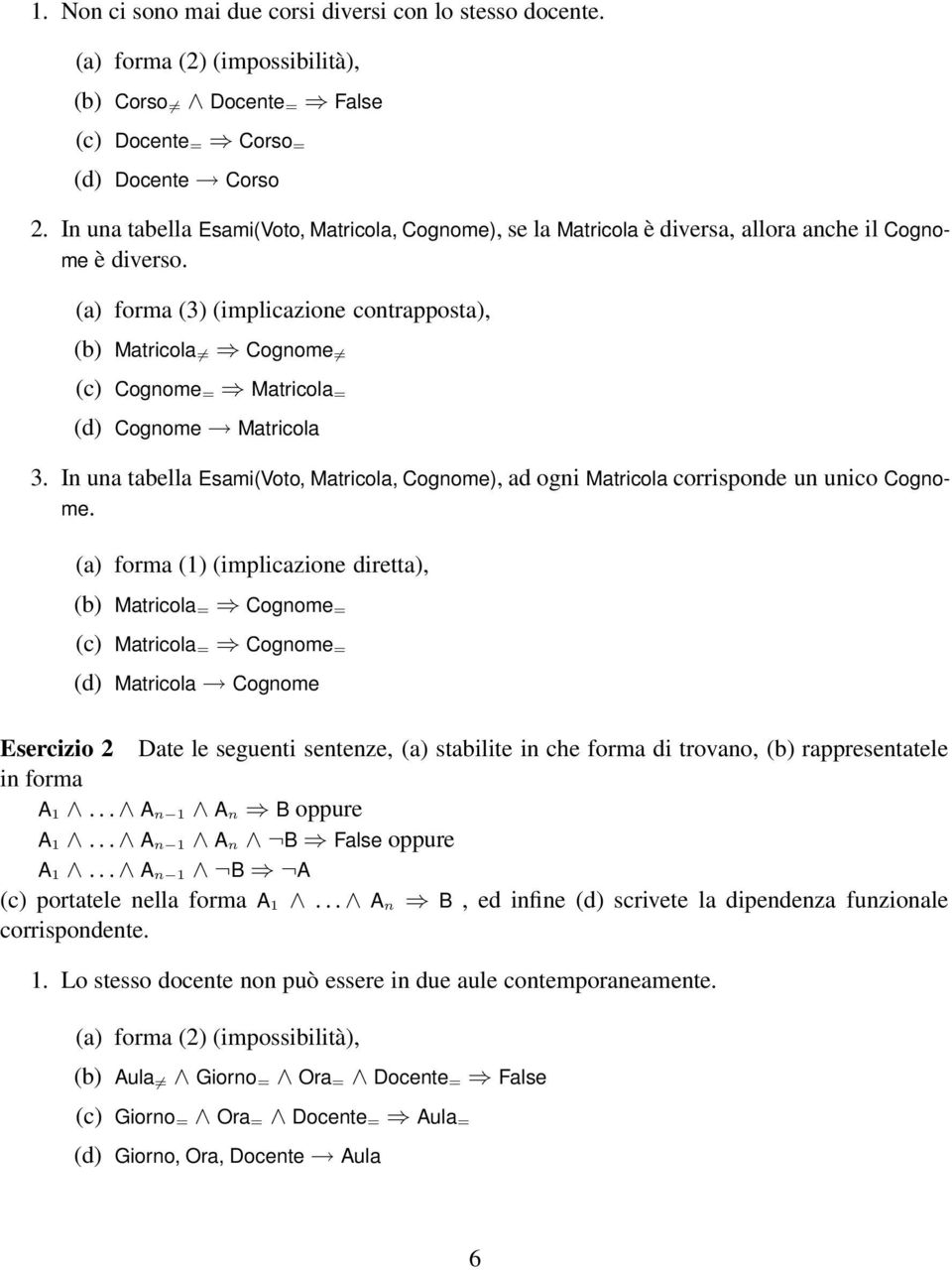 (a) forma (3) (implicazione contrapposta), (b) Matricola Cognome (c) Cognome = Matricola = (d) Cognome Matricola 3.