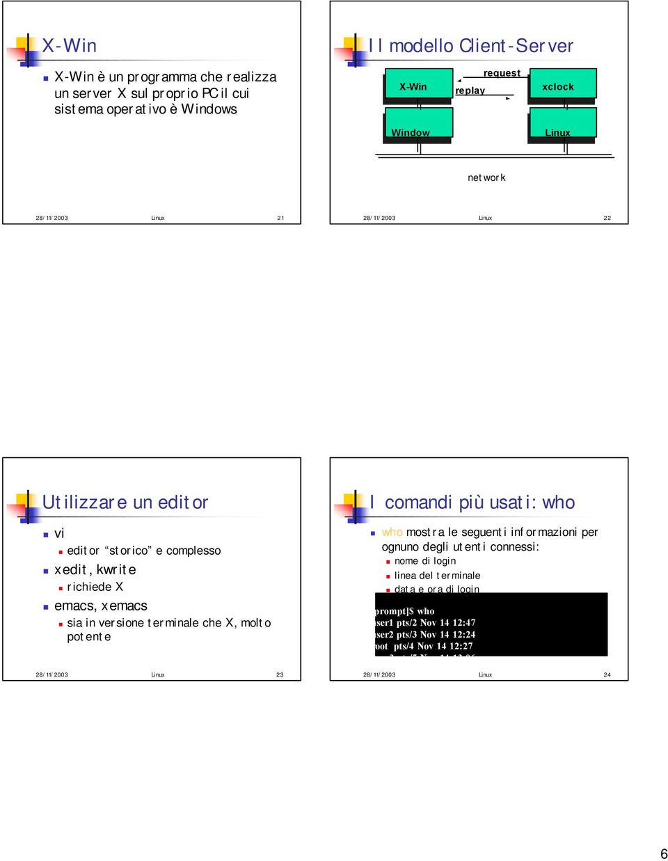 terminale che X, molto potente 28/11/2003 Linux 23 I comandi più usati: who who mostra le seguenti informazioni per ognuno degli utenti connessi: nome di login