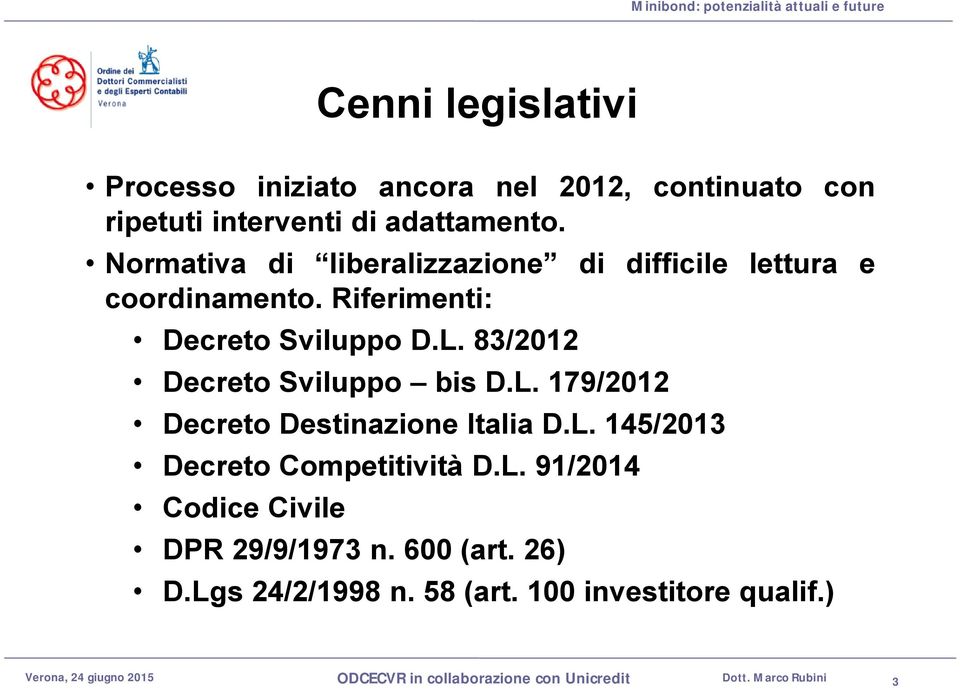 83/2012 Decreto Sviluppo bis D.L. 179/2012 Decreto Destinazione Italia D.L. 145/2013 Decreto Competitività D.