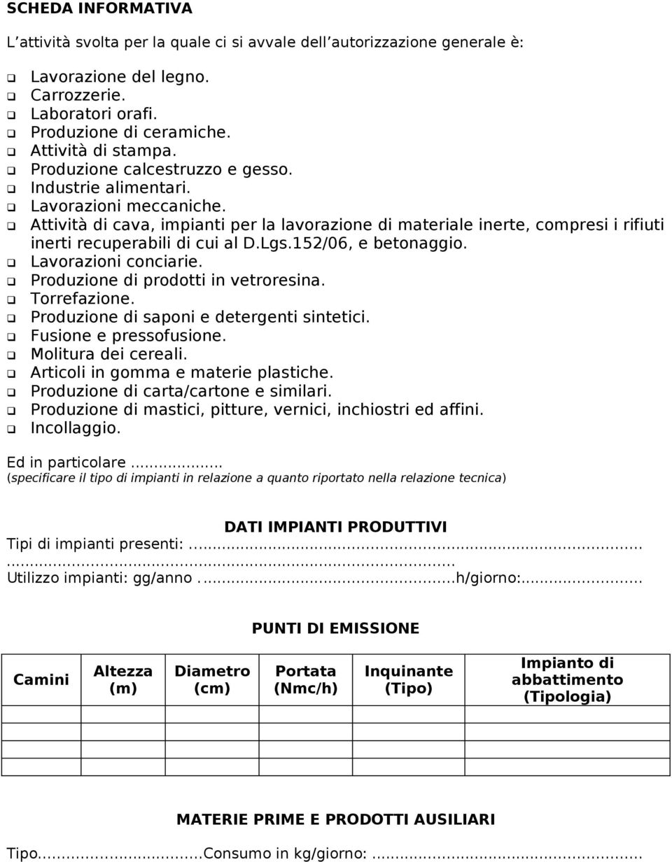 Lgs.152/06, e betonaggio. Lavorazioni conciarie. Produzione di prodotti in vetroresina. Torrefazione. Produzione di saponi e detergenti sintetici. Fusione e pressofusione. Molitura dei cereali.