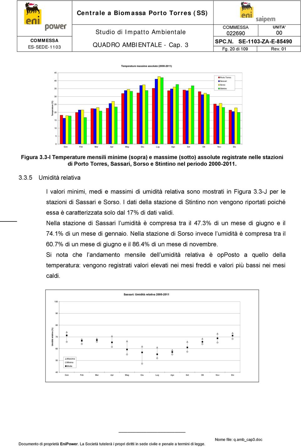 3-J per le stazioni di Sassari e Sorso. I dati della stazione di Stintino non vengono riportati poiché essa è caratterizzata solo dal 17% di dati validi.