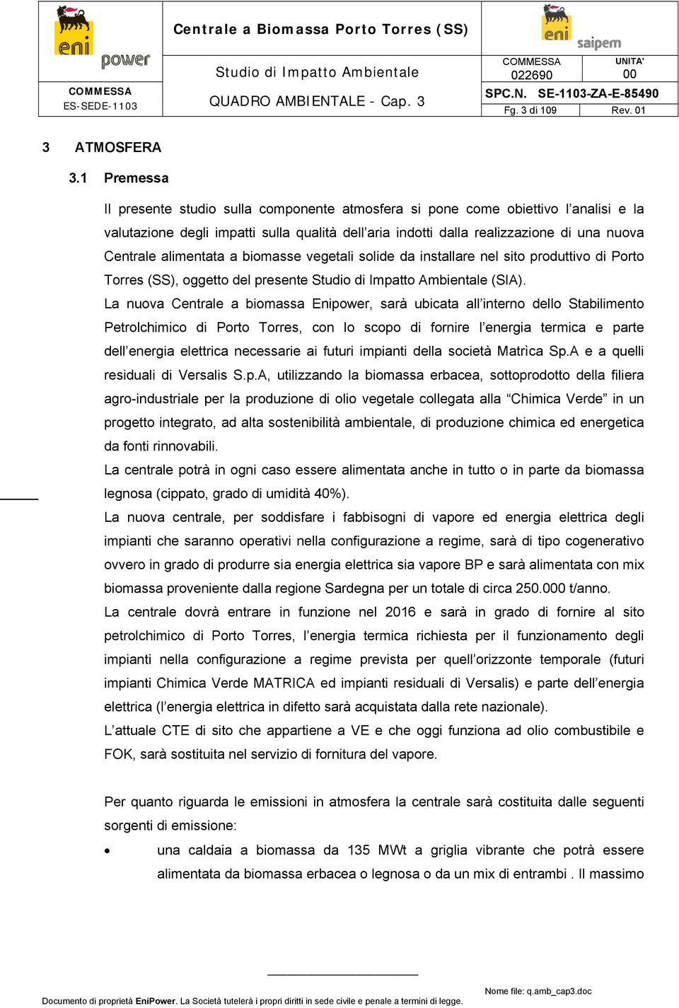 alimentata a biomasse vegetali solide da installare nel sito produttivo di Porto Torres (SS), oggetto del presente (SIA).