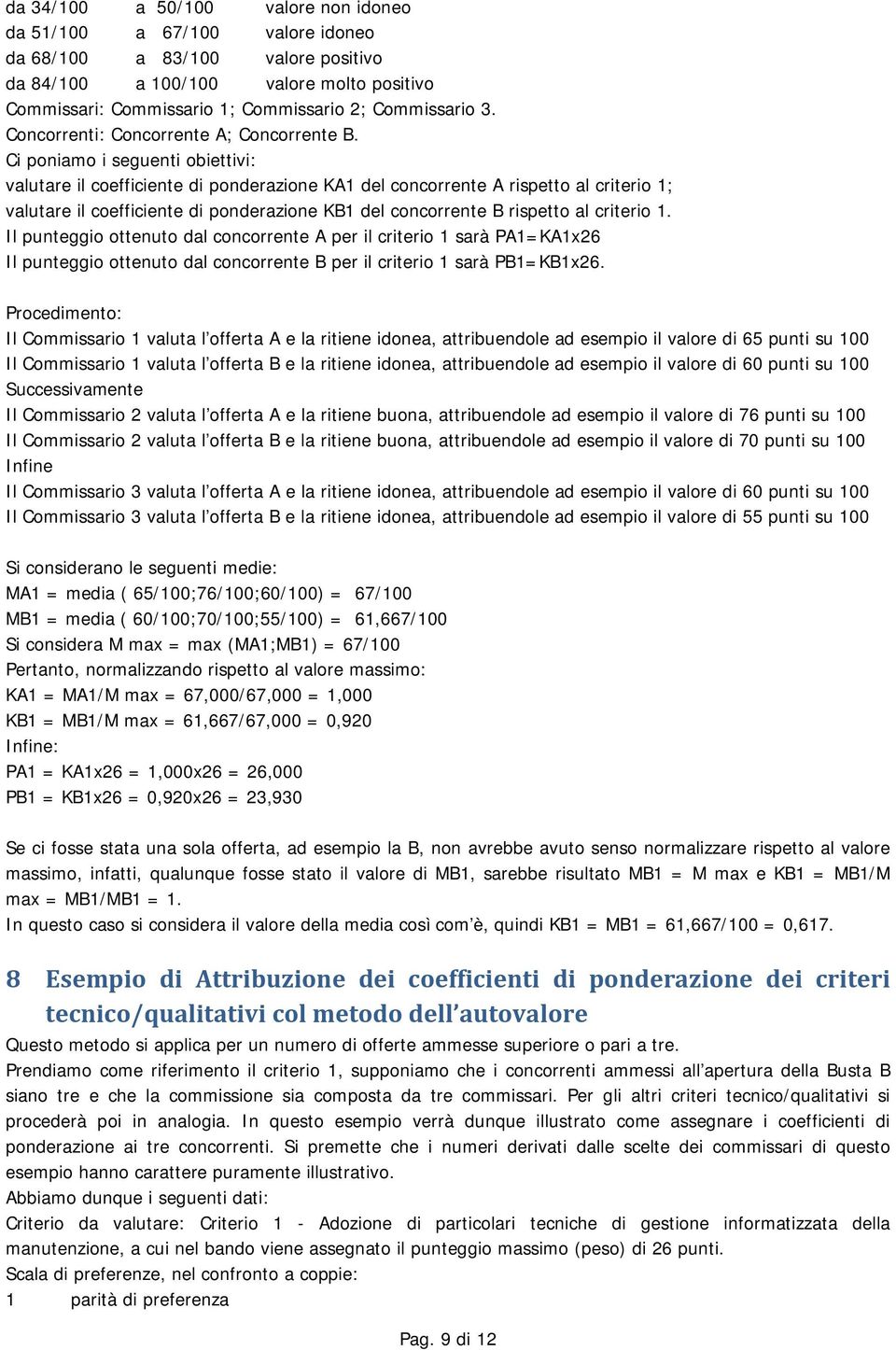 Ci poniamo i seguenti obiettivi: valutare il coefficiente di ponderazione KA1 del concorrente A rispetto al criterio 1; valutare il coefficiente di ponderazione KB1 del concorrente B rispetto al