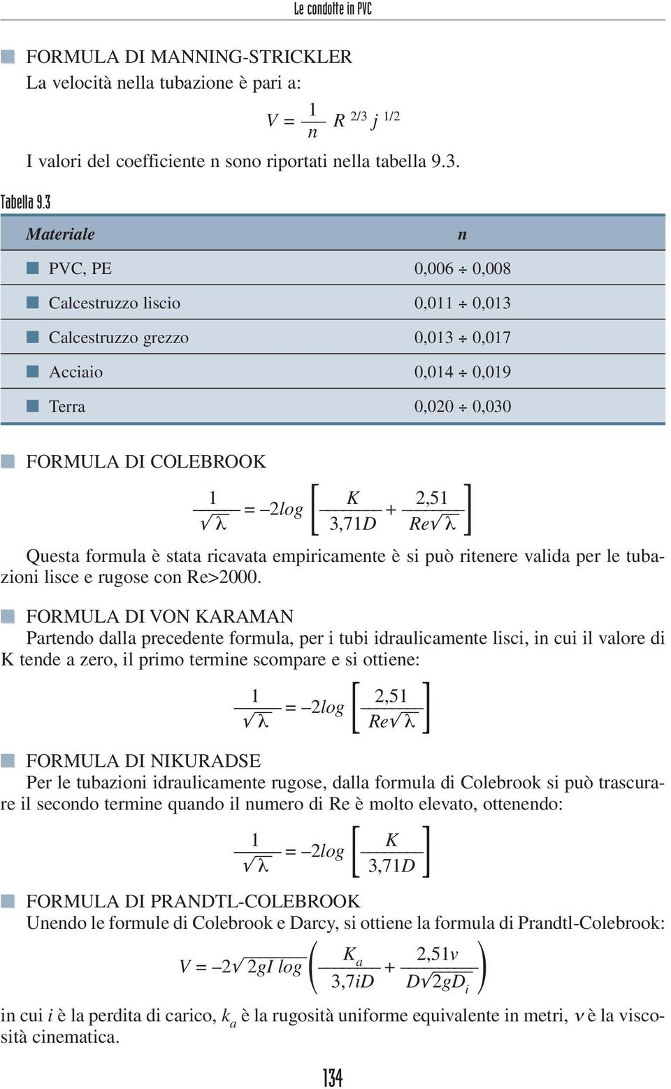 Re λ Questa formula è stata ricavata empiricamente è si può ritenere valida per le tubazioni lisce e rugose con Re>2000.