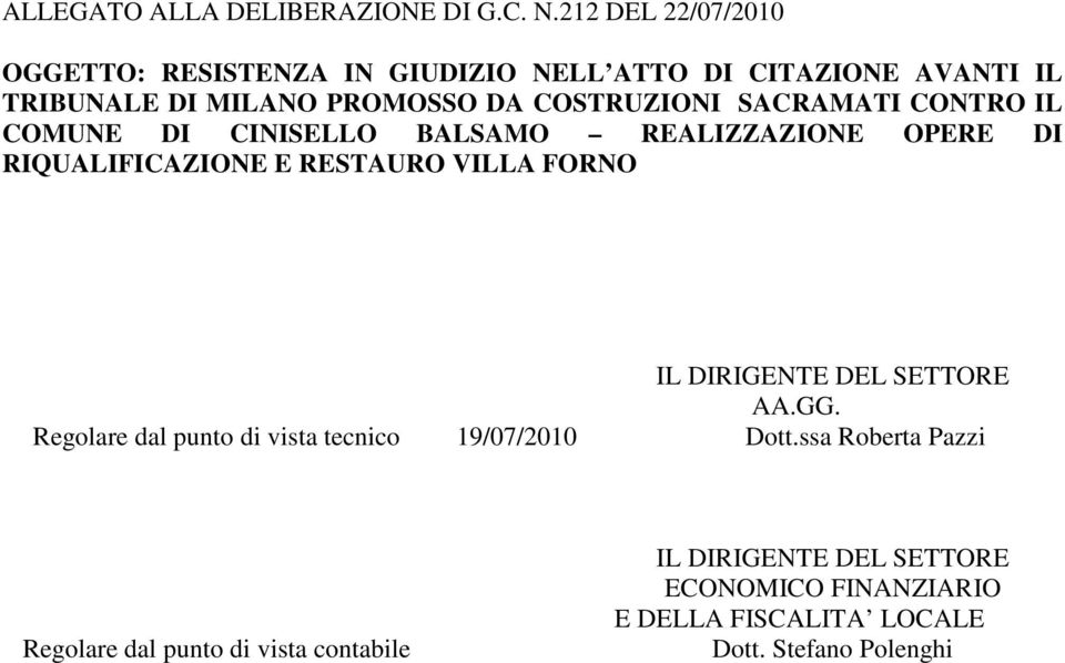 REALIZZAZIONE OPERE DI RIQUALIFICAZIONE E RESTAURO VILLA FORNO IL DIRIGENTE DEL SETTORE AA.GG.