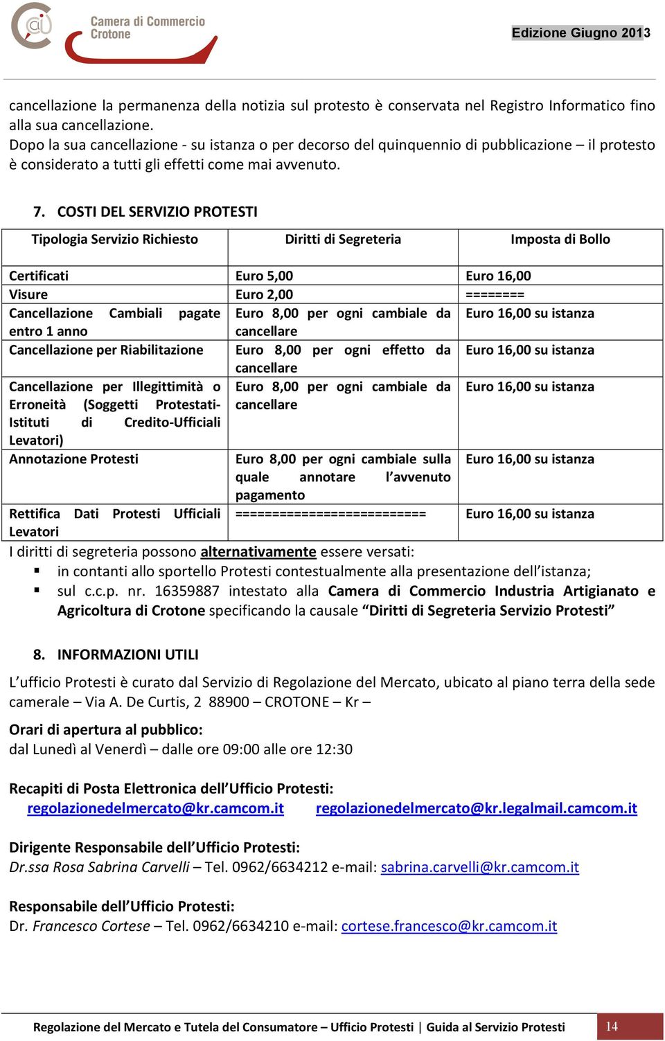 COSTI DEL SERVIZIO PROTESTI Tipologia Servizio Richiesto Diritti di Segreteria Imposta di Bollo Certificati Euro 5,00 Euro 16,00 Visure Euro 2,00 ======== Cancellazione Cambiali pagate Euro 8,00 per