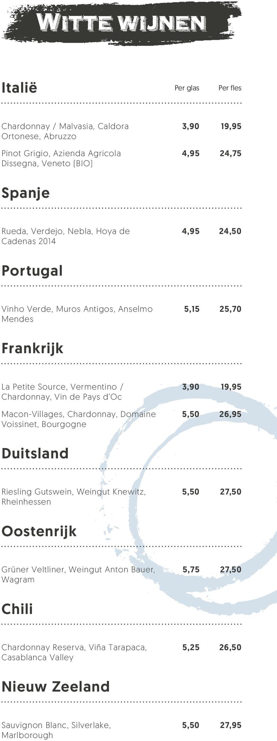 Macon-Villages, Chardonnay, Domaine Voissinet, Bourgogne 3,90 19,95 5,50 26,95 Duitsland Riesling Gutswein, eingut Knewitz, Rheinhessen 5,50 27,50 Oostenrijk Grüner