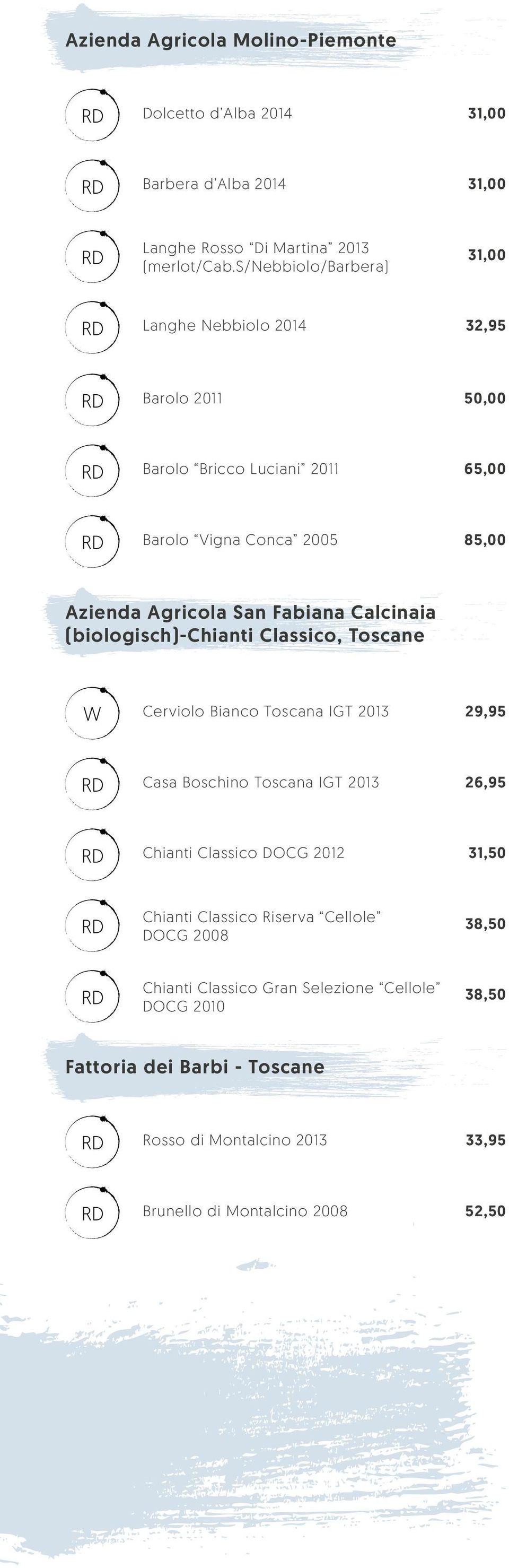 Fabiana Calcinaia (biologisch)-chianti Classico, Toscane Cerviolo Bianco Toscana IGT 2013 29,95 Casa Boschino Toscana IGT 2013 26,95 Chianti Classico DOCG 2012