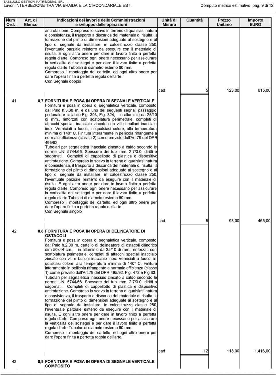 installare, in calcestruzzo classe 250, l'eventuale parziale reinterro da eseguire con il materiale di risulta. E ogni altro onere per dare in lavoro finito a perfetta regola d'arte.