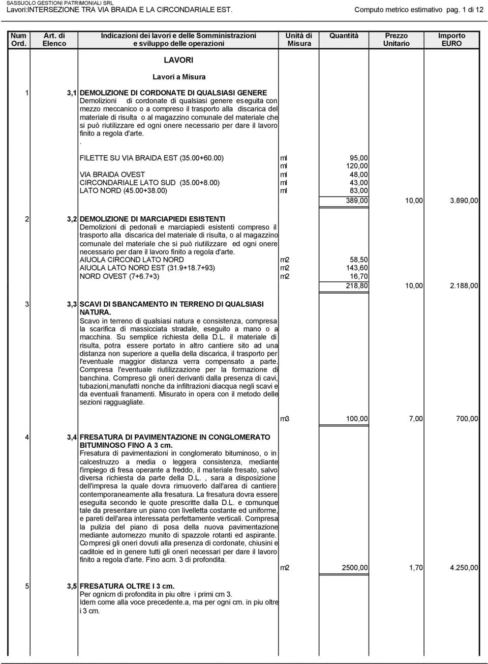 del materiale di risulta o al magazzino comunale del materiale che si può riutilizzare ed ogni onere necessario per dare il lavoro finito a regola d'arte.. FILETTE SU VIA BRAIDA EST (35.00+60.