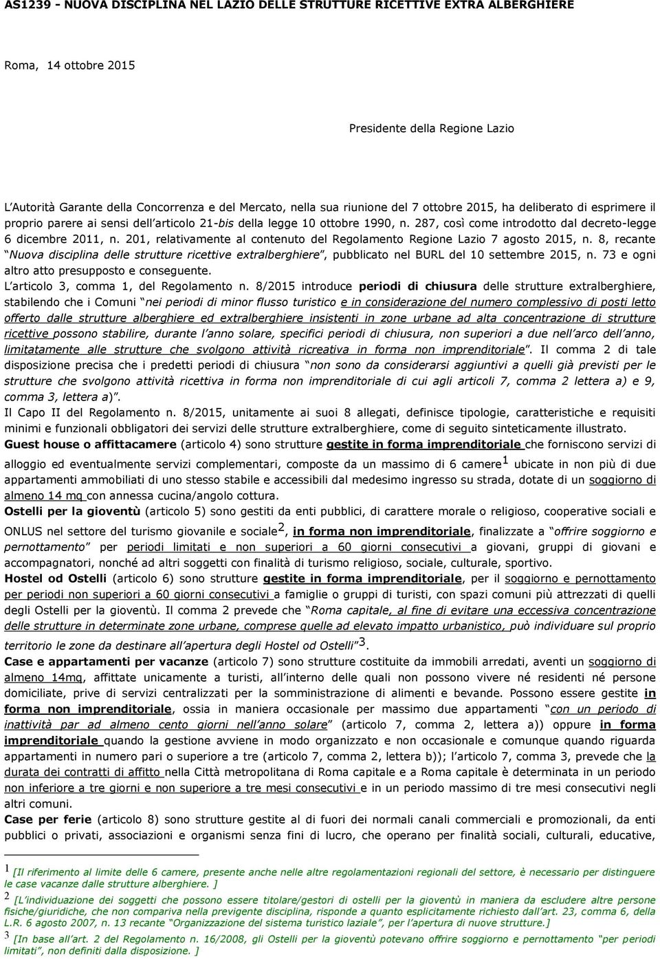 201, relativamente al contenuto del Regolamento Regione Lazio 7 agosto 2015, n. 8, recante Nuova disciplina delle strutture ricettive extralberghiere, pubblicato nel BURL del 10 settembre 2015, n.