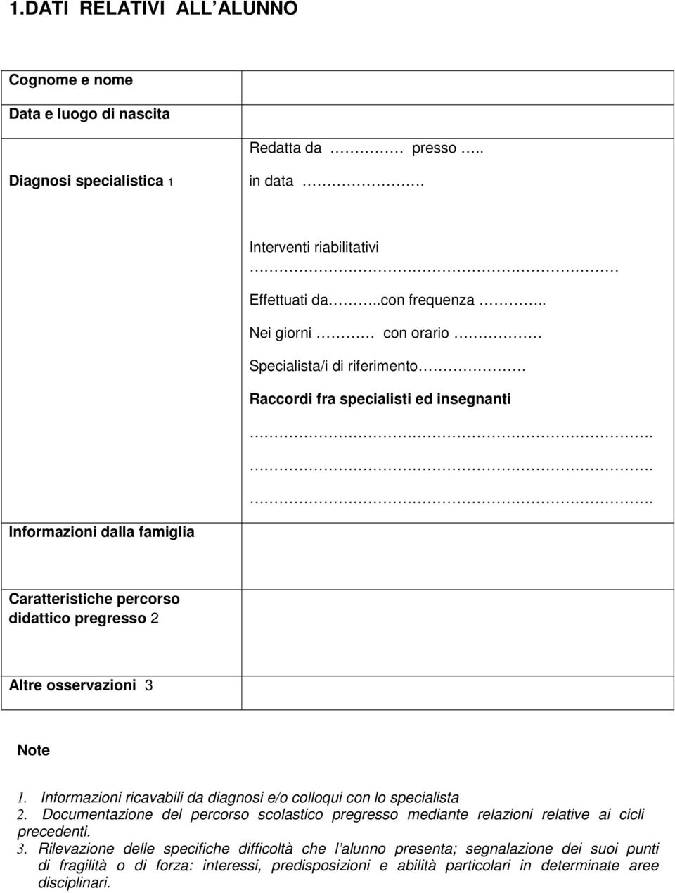 .. Informazioni dalla famiglia Caratteristiche percorso didattico pregresso 2 Altre osservazioni 3 Note 1. Informazioni ricavabili da diagnosi e/o colloqui con lo specialista 2.