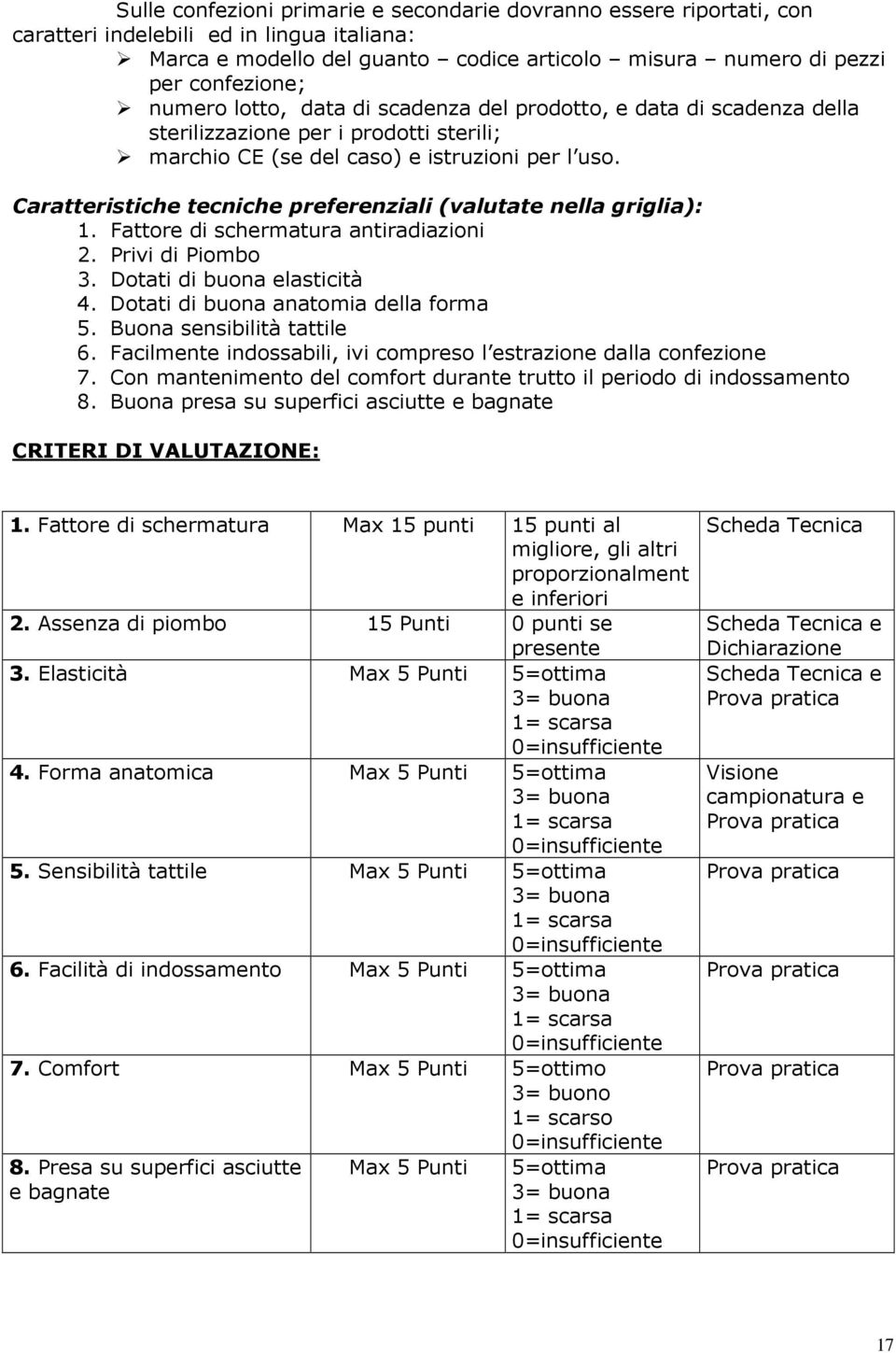 Caratteristiche tecniche preferenziali (valutate nella griglia): 1. Fattore di schermatura antiradiazioni 2. Privi di Piombo 3. Dotati di buona elasticità 4. Dotati di buona anatomia della forma 5.