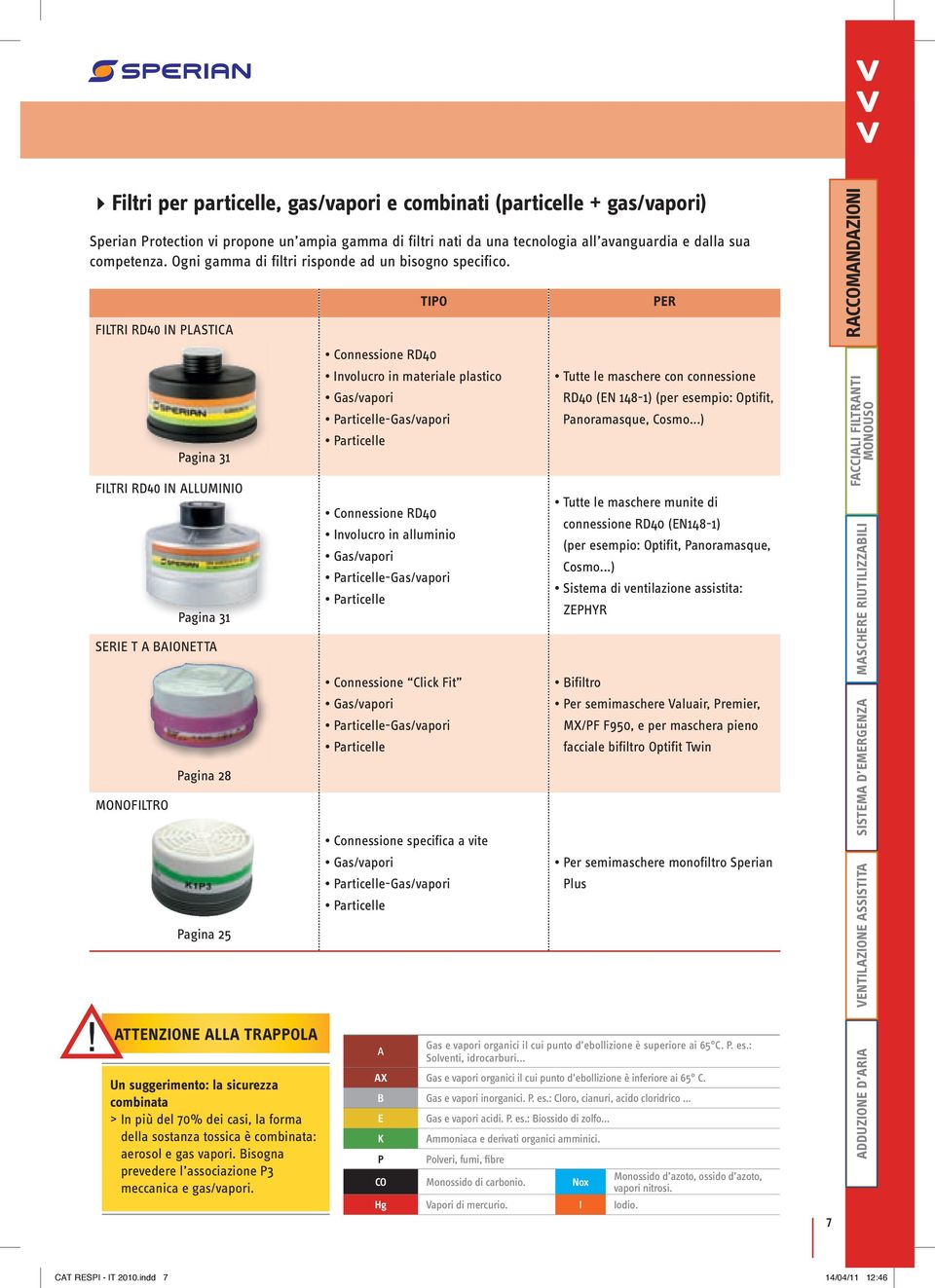 FILTRI RD40 IN PLASTICA Pagina 31 FILTRI RD40 IN ALLUMINIO Pagina 31 SERIE T A BAIONETTA MONOFILTRO Pagina 28 Pagina 25 ATTENZIONE ALLA TRAPPOLA Un suggerimento: la sicurezza combinata > In più del