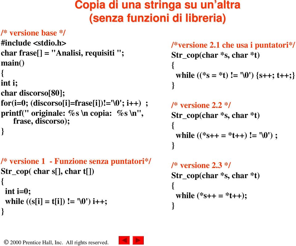 ='\0'; i++) ; printf(" originale: %s \n copia: %s \n", frase, discorso); } /*versione 2.1 che usa i puntatori*/ Str_cop(char *s, char *t) { while ((*s = *t)!