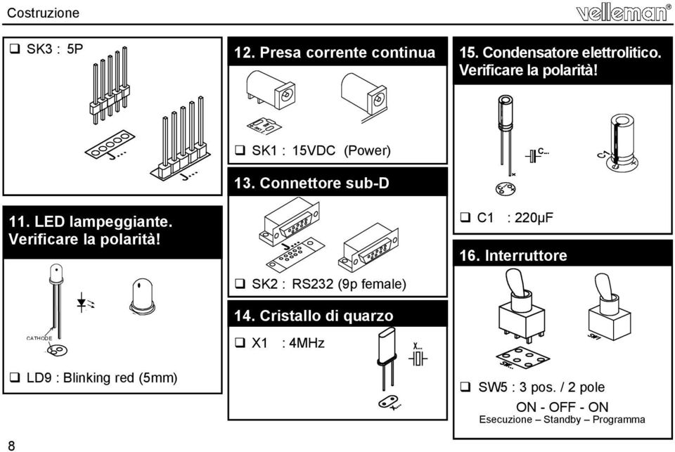 Connettore sub-d SK2 : RS232 (9p female) C1 : 220µF 16. Interruttore LD1 14.