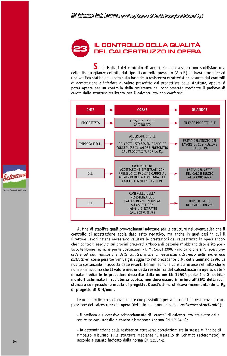 strutture, oppure si potrà optare per un controllo della resistenza del conglomerato mediante il prelievo di carote dalla struttura realizzata con il calcestruzzo non conforme. CHI? COSA? QUANDO?