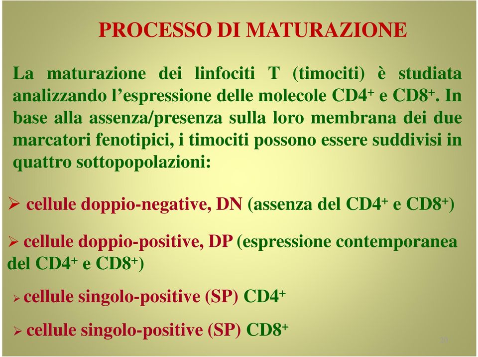 In base alla assenza/presenza sulla loro membrana dei due marcatori fenotipici, i timociti possono essere suddivisi in