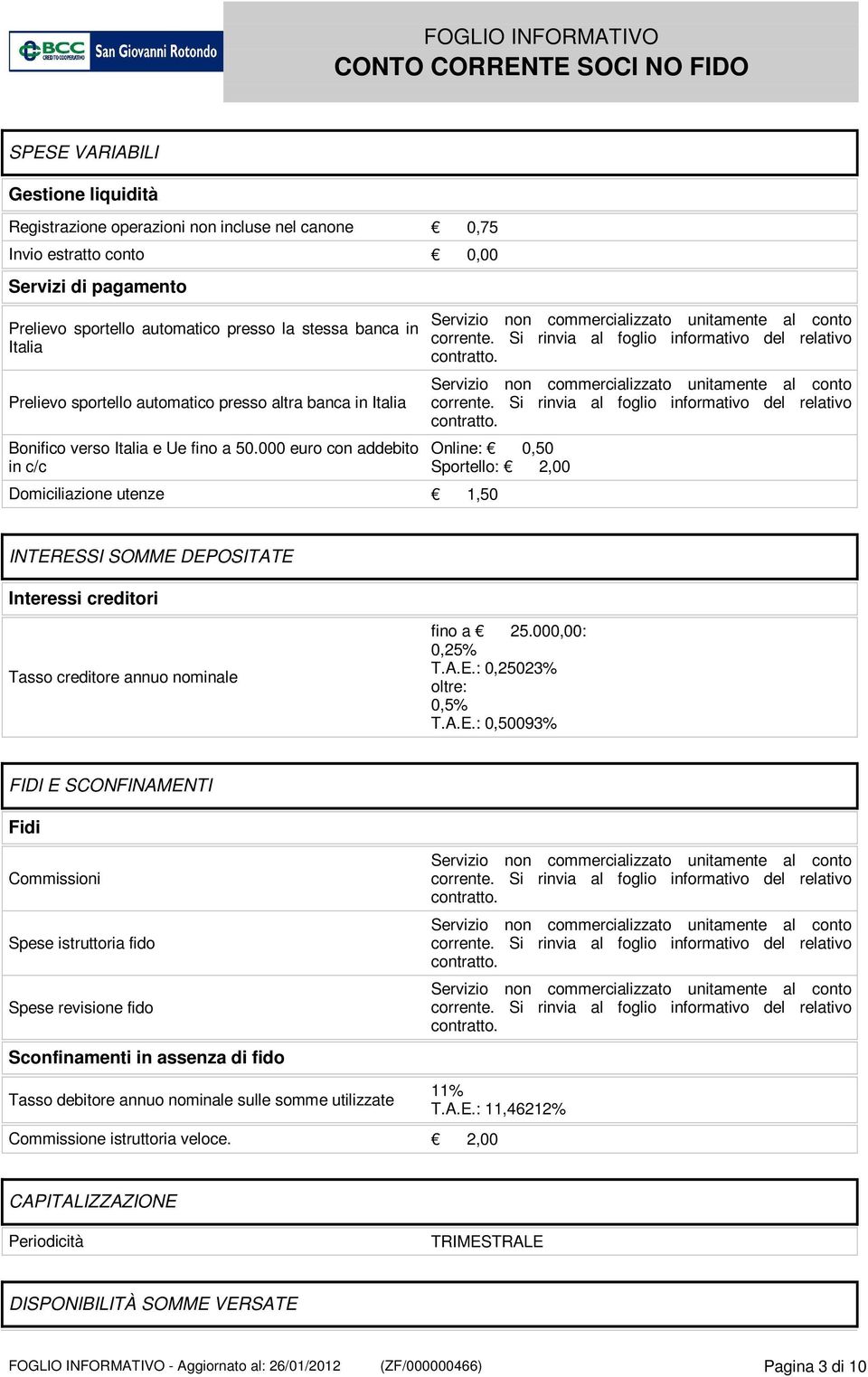 000 euro con addebito in c/c Domiciliazione utenze 1,50 Online: 0,50 Sportello: 2,00 INTERESSI SOMME DEPOSITATE Interessi creditori Tasso creditore annuo nominale fino a 25.000,00: 0,25% T.A.E.: 0,25023% oltre: 0,5% T.