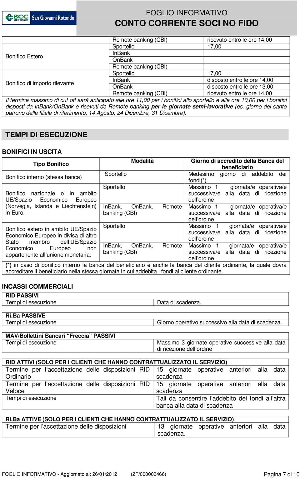 bonifici disposti da InBank/OnBank e ricevuti da Remote banking per le giornate semi-lavorative (es. giorno del santo patrono della filiale di riferimento, 14 Agosto, 24 Dicembre, 31 Dicembre).