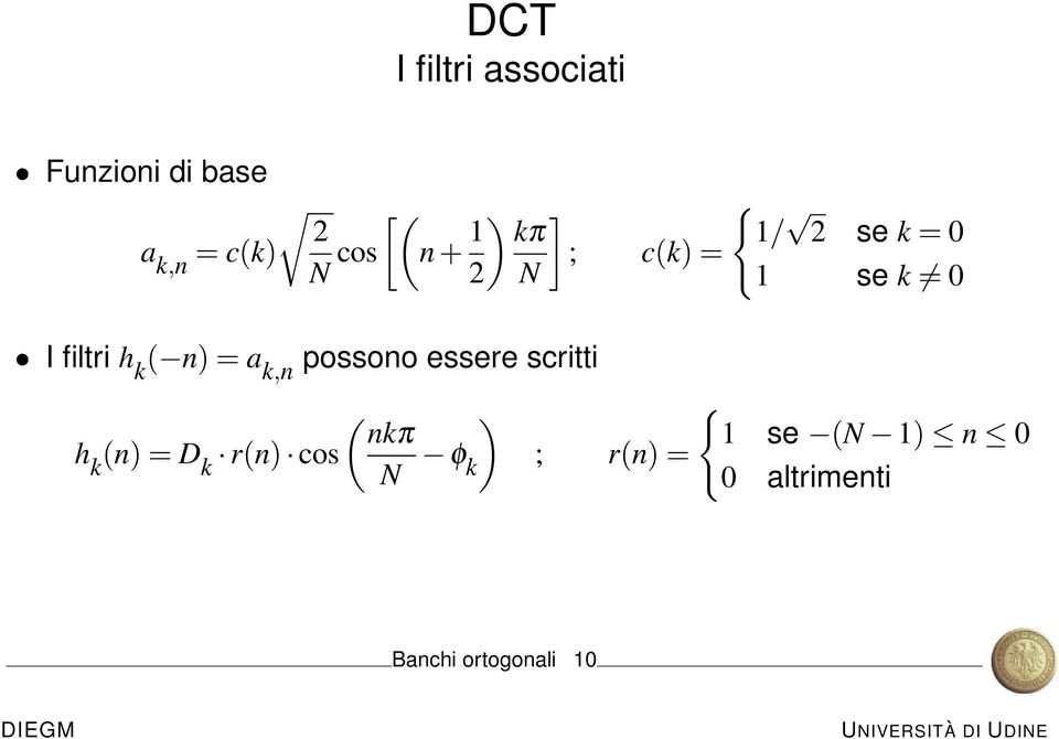 = a k,n possono essere scritti ( ) nkπ h k (n) = D k r(n) cos N