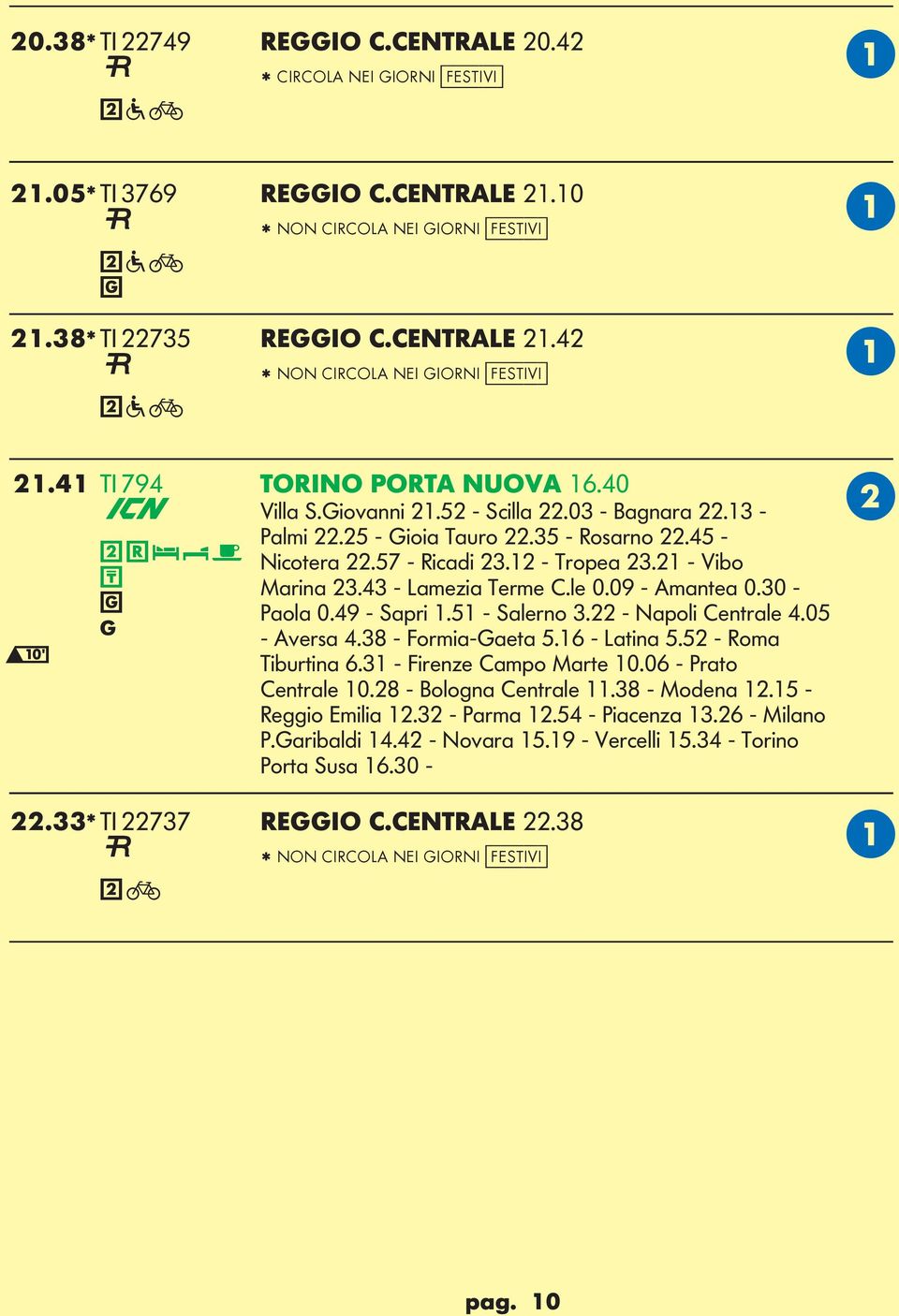 21 - Vibo T Marina 23.43 - amezia Terme C.le 0.09 - mantea 0.30 - Paola 0.49 - Sapri 1.51 - Salerno 3.22 - Napoli Centrale 4.05 g - versa 4.38 - Formia-aeta 5.16 - atina 5.52 - Roma Tiburtina 6.