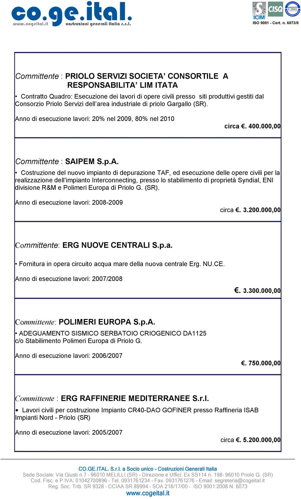 no di esecuzione lavori: 20% nel 2009, 80% nel 2010 circa. 400.000,00 Committente : SAI