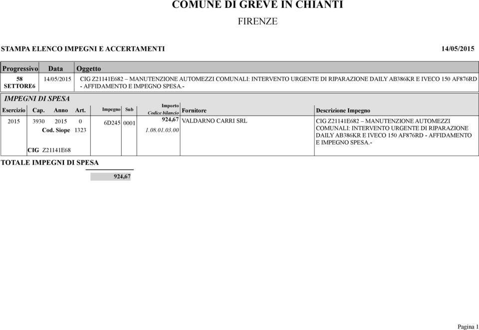 Impegno Sub Importo Codice bilancio Fornitore 2015 3930 2015 0 6D245 0001 924,67 VALDARNO CARRI SRL Cod. Siope 1323 1.08.01.03.