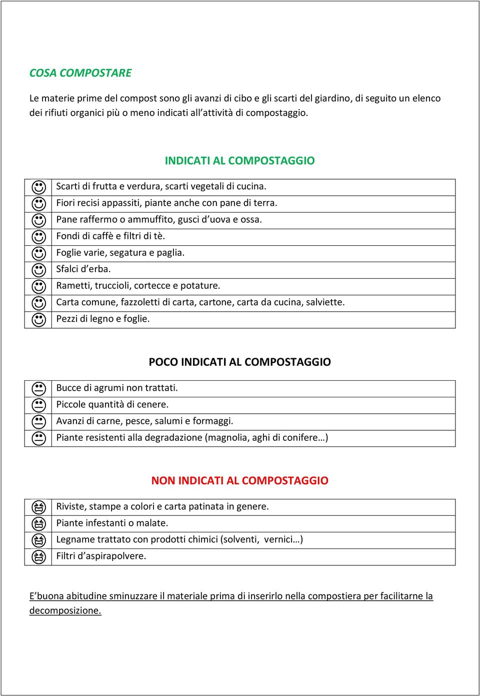 Fondi di caffè e filtri di tè. Foglie varie, segatura e paglia. Sfalci d erba. Rametti, truccioli, cortecce e potature. Carta comune, fazzoletti di carta, cartone, carta da cucina, salviette.