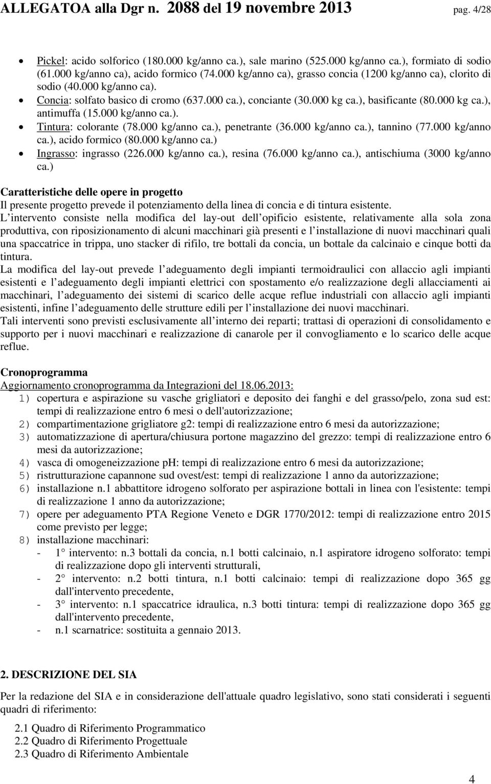 000 kg/anno ca.). Tintura: colorante (78.000 kg/anno ca.), penetrante (36.000 kg/anno ca.), tannino (77.000 kg/anno ca.), acido formico (80.000 kg/anno ca.) Ingrasso: ingrasso (226.000 kg/anno ca.), resina (76.