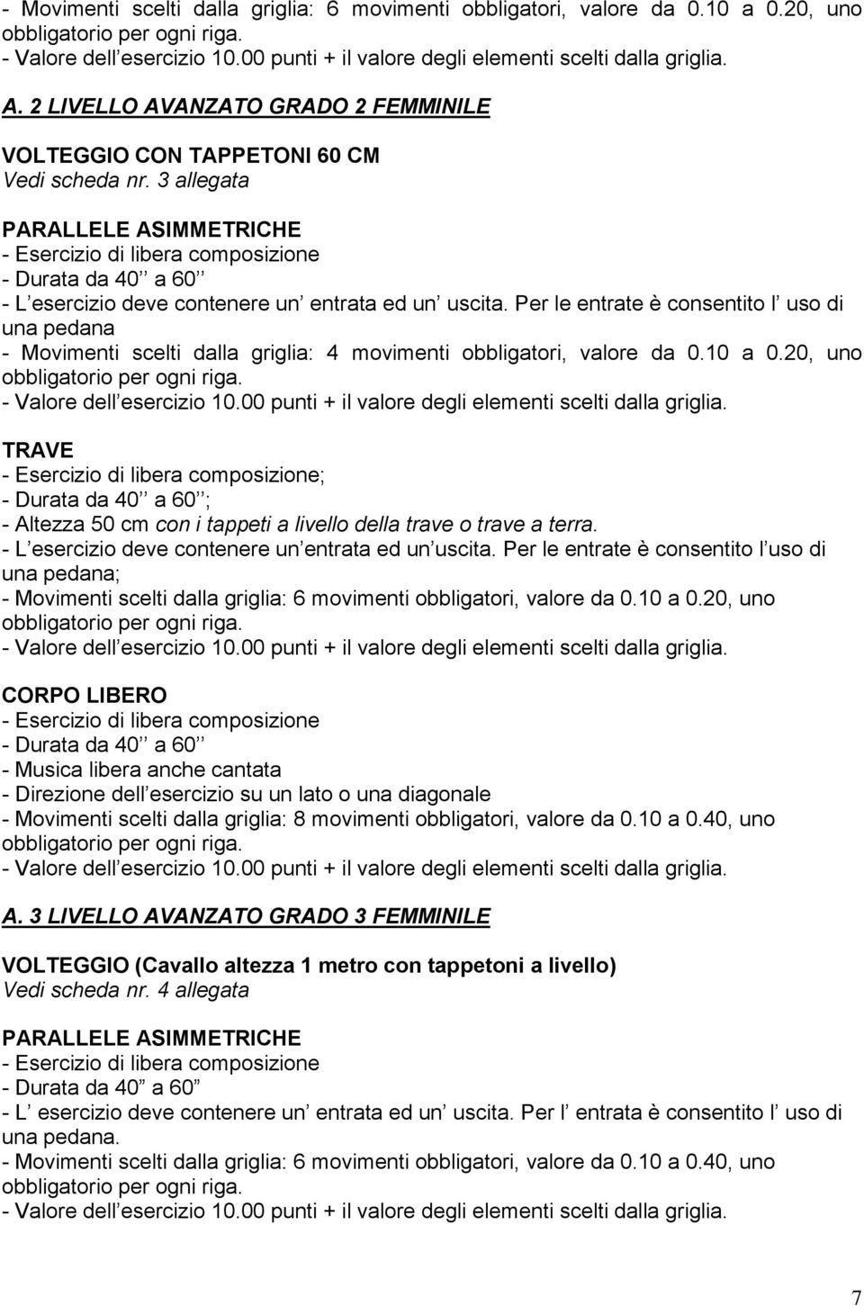 Per le entrate è consentito l uso di una pedana - Movimenti scelti dalla griglia: 4 movimenti obbligatori, valore da 0.10 a 0.