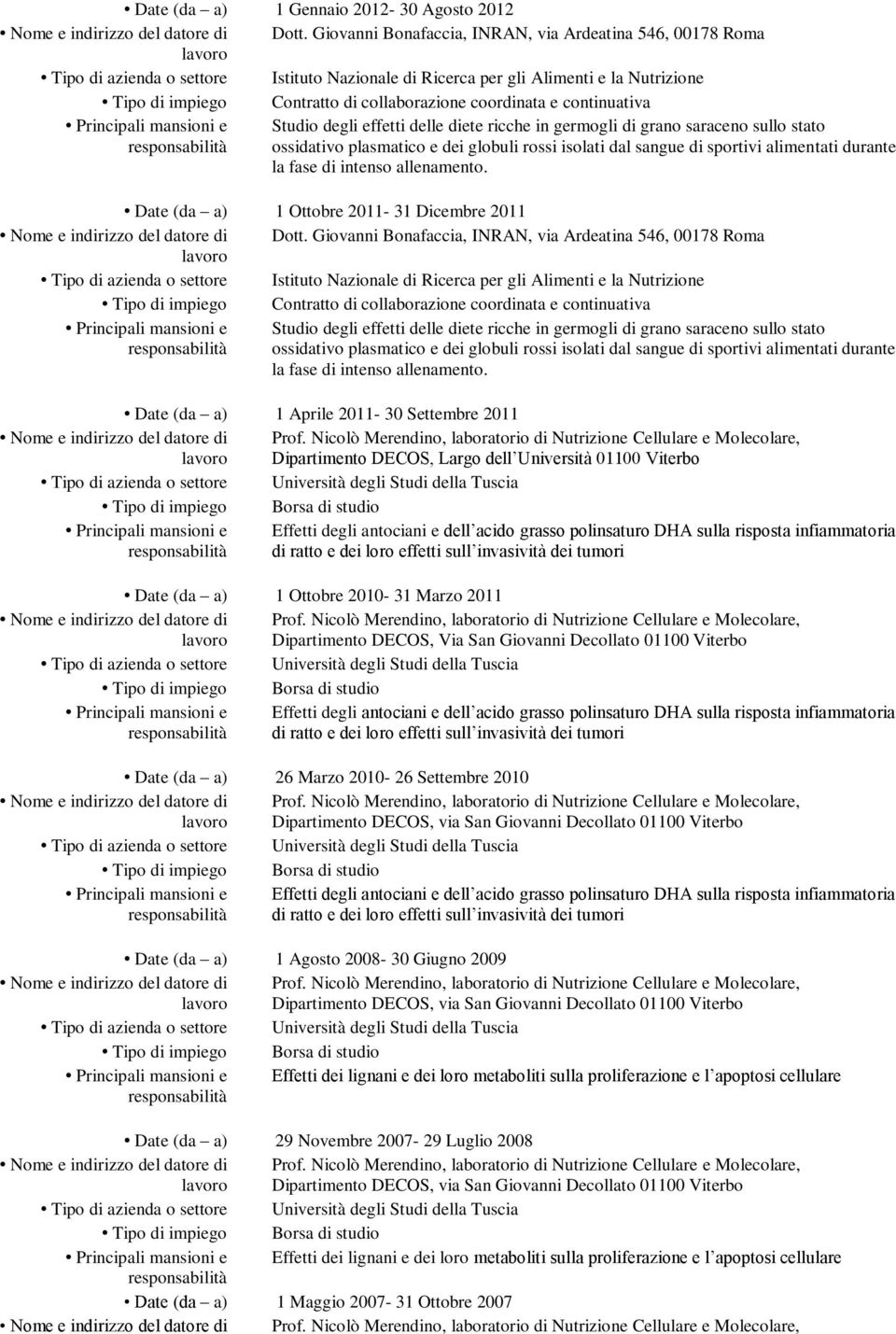 sullo stato ossidativo plasmatico e dei globuli rossi isolati dal sangue di sportivi alimentati durante la fase di intenso allenamento. Date (da a) 1 Ottobre 2011-31 Dicembre 2011 Dott.