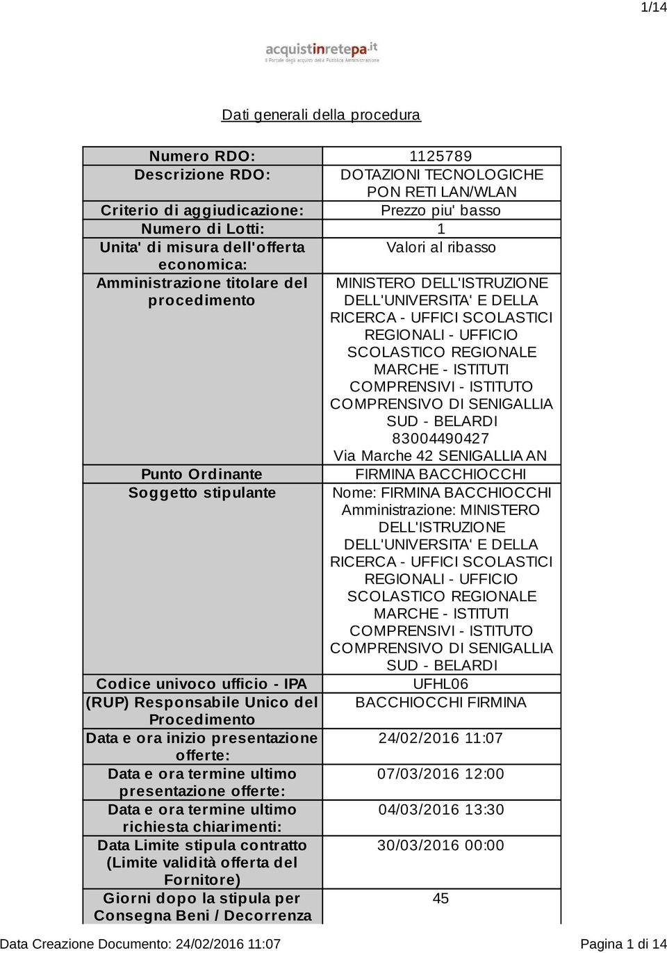 REGIONALE MARCHE - ISTITUTI COMPRENSIVI - ISTITUTO COMPRENSIVO DI SENIGALLIA SUD - BELARDI 83004490427 Via Marche 42 SENIGALLIA AN Punto Ordinante Soggetto stipulante Codice univoco ufficio - IPA