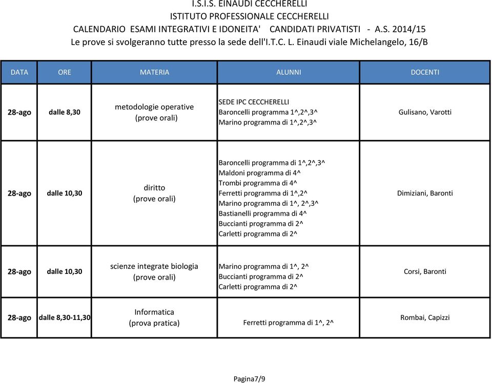 Buccianti programma di 2^ Dimiziani, Baronti dalle 10,30 scienze integrate biologia Marino programma di 1^, 2^ Buccianti