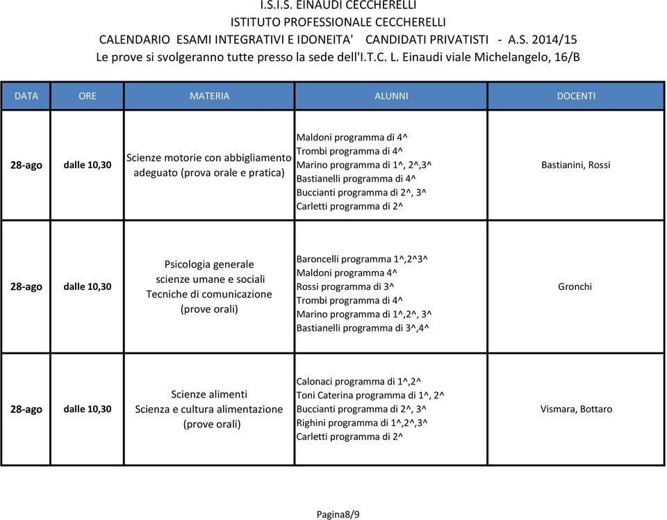 di 3^ Marino programma di 1^,2^, 3^ Bastianelli programma di 3^,4^ Gronchi dalle 10,30 Scienze alimenti Scienza e cultura