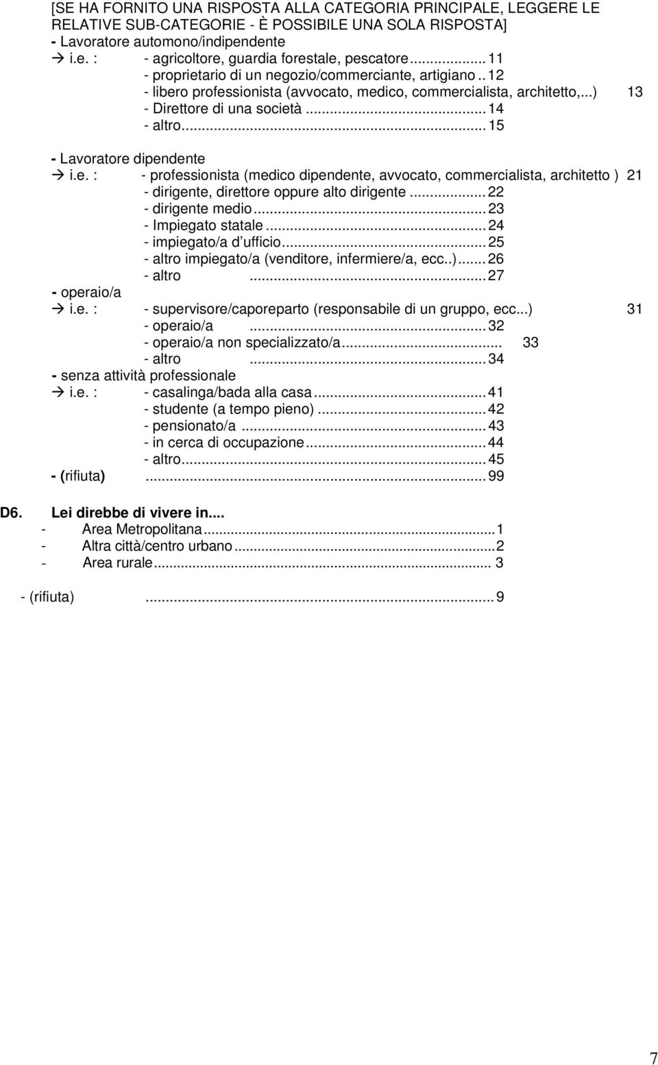 ..15 - Lavoratore dipendente i.e. : - professionista (medico dipendente, avvocato, commercialista, architetto ) 21 - dirigente, direttore oppure alto dirigente...22 - dirigente medio.