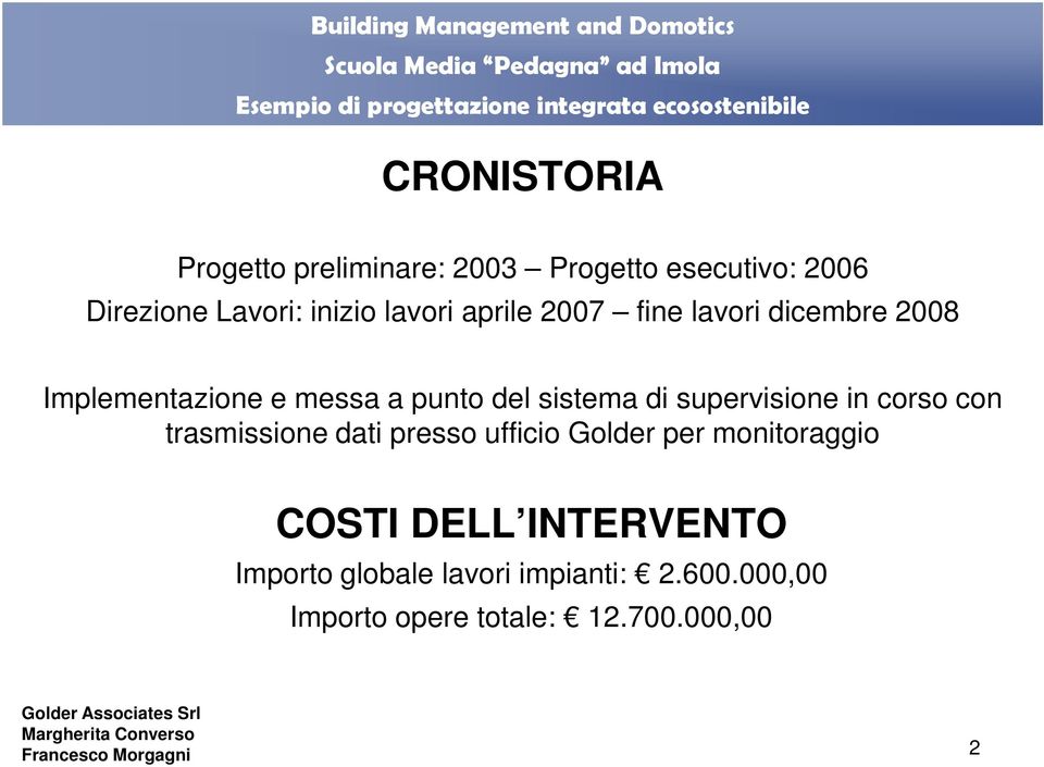 supervisione in corso con trasmissione dati presso ufficio Golder per monitoraggio COSTI