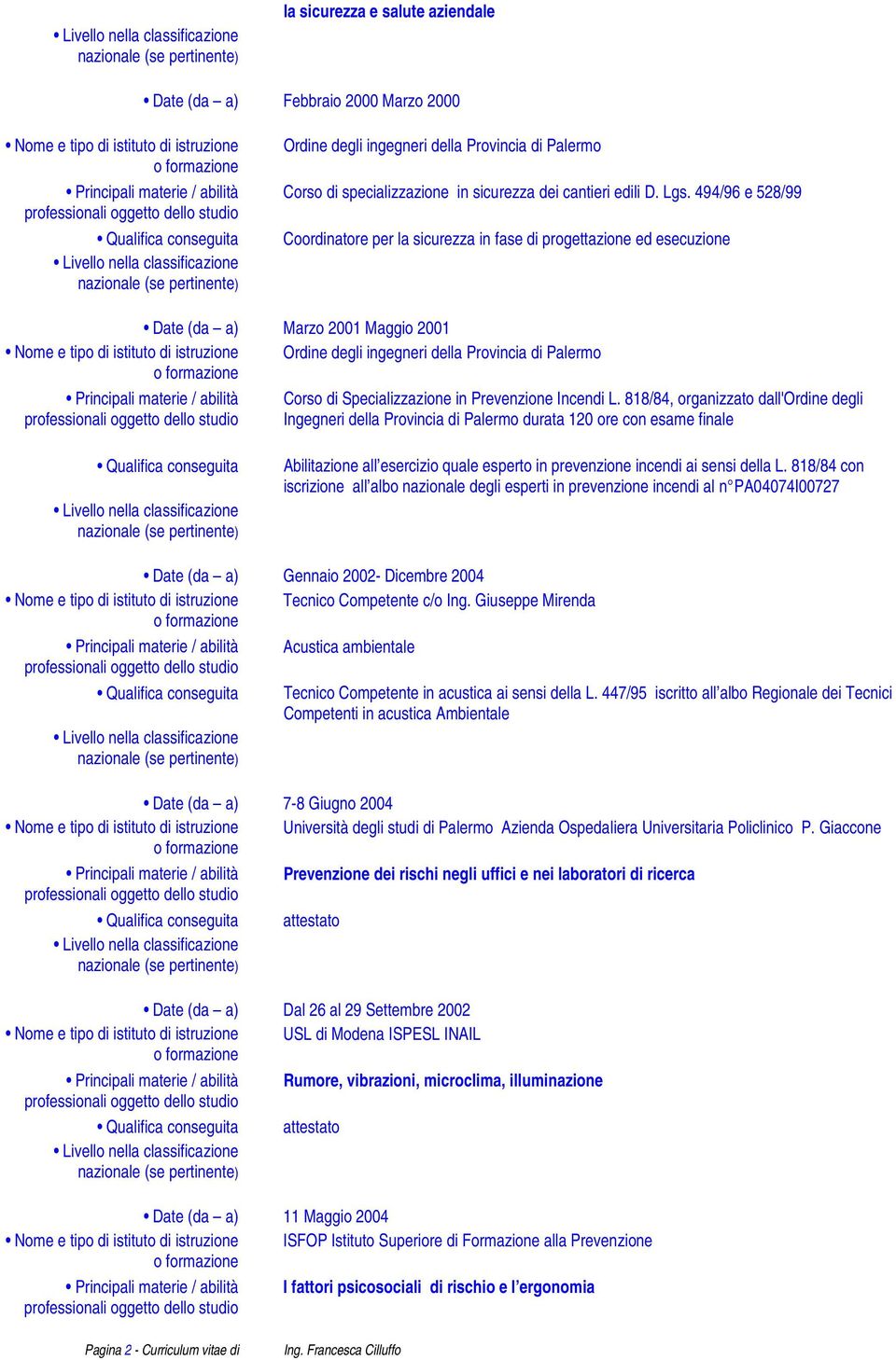 494/96 e 528/99 Coordinatore per la sicurezza in fase di progettazione ed esecuzione Date (da a) Marzo 2001 Maggio 2001 Nome e tipo di istituto di istruzione Ordine degli ingegneri della Provincia di