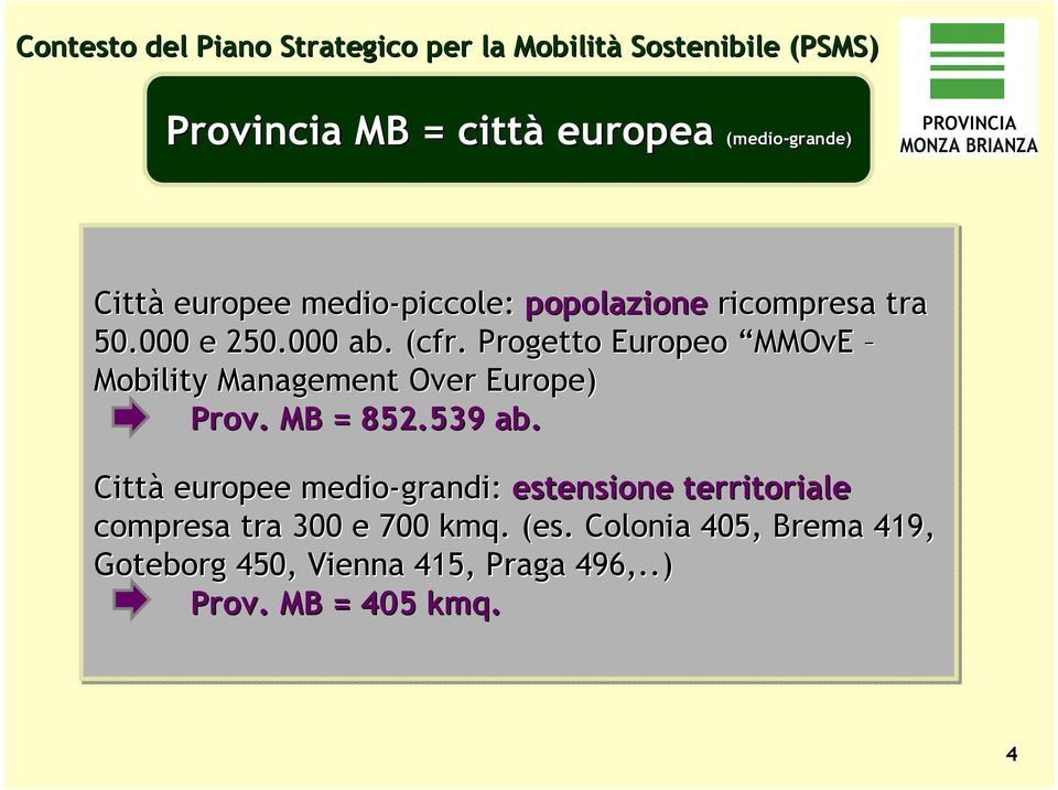 Progetto Europeo MMOvE Mobility Management Over Europe) Prov. MB = 852.539 ab.