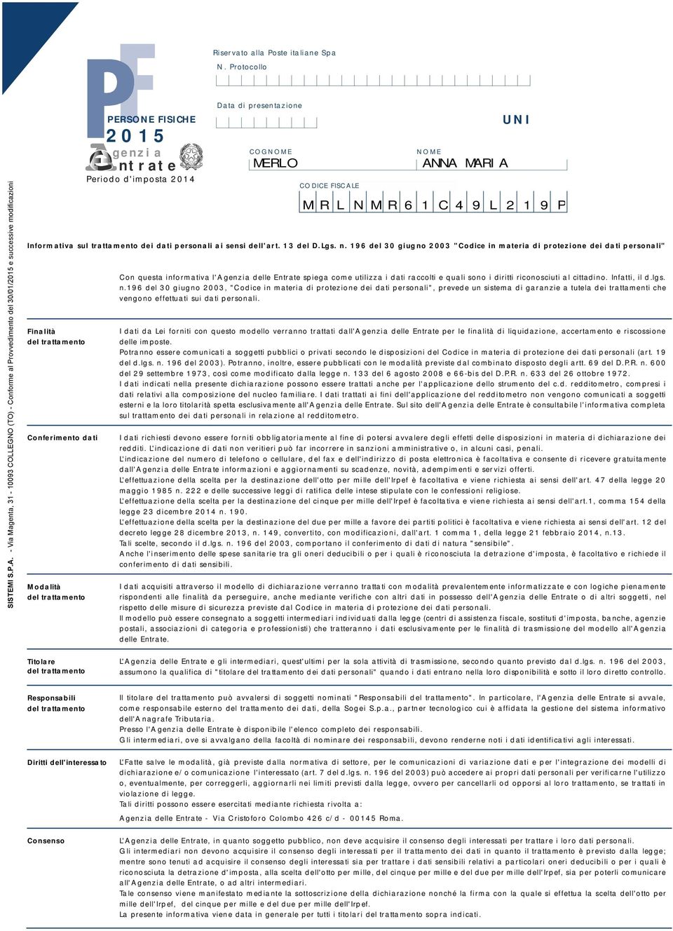 Informativa sul trattamento dei dati personali ai sensi dell'art. del D.Lgs. n.