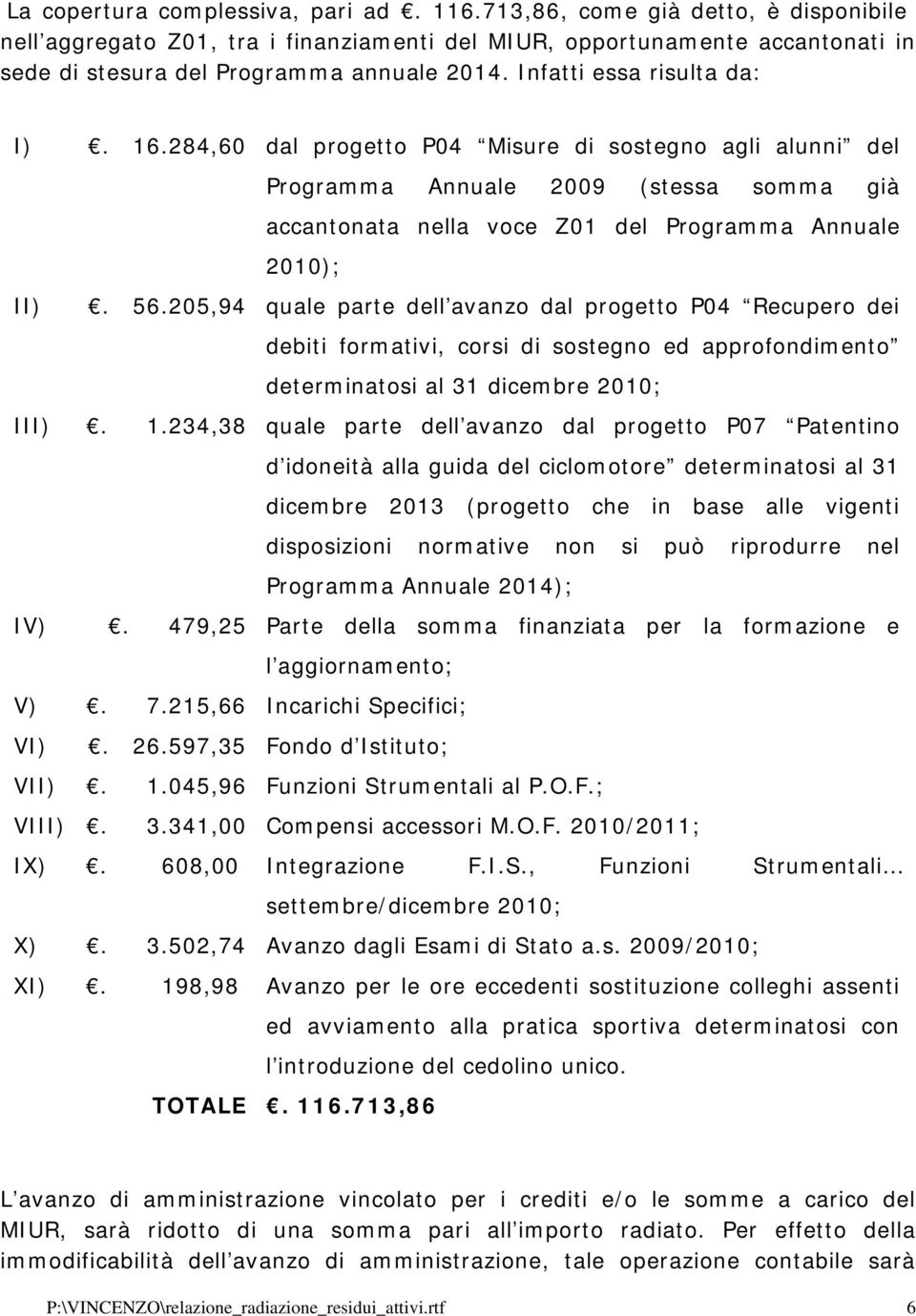 205,94 quale parte dell avanzo dal progetto P04 Recupero dei debiti formativi, corsi di sostegno ed approfondimento determinatosi al 31 dicembre 2010; III). 1.