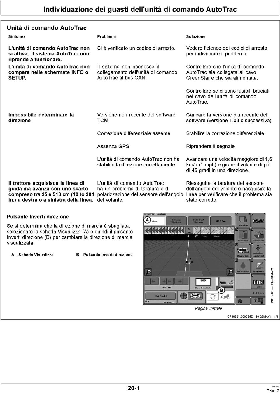 Vedere l elenco dei codici di arresto per individuare il problema Controllare che l'unità di comando AutoTrac sia collegata al cavo GreenStar e che sia alimentata.