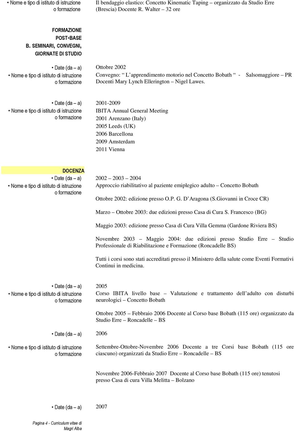 Salsomaggiore PR Date (da a) 2001-2009 IBITA Annual General Meeting 2001 Arenzano (Italy) 2005 Leeds (UK) 2006 Barcellona 2009 Amsterdam 2011 Vienna DOCENZA Date (da a) 2002 2003 2004 Approccio