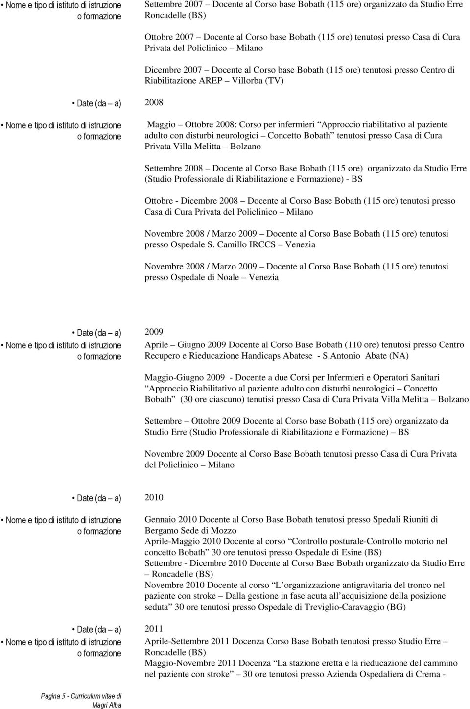 riabilitativo al paziente adulto con disturbi neurologici Concetto Bobath tenutosi presso Casa di Cura Privata Villa Melitta Bolzano Settembre 2008 Docente al Corso Base Bobath (115 ore) organizzato