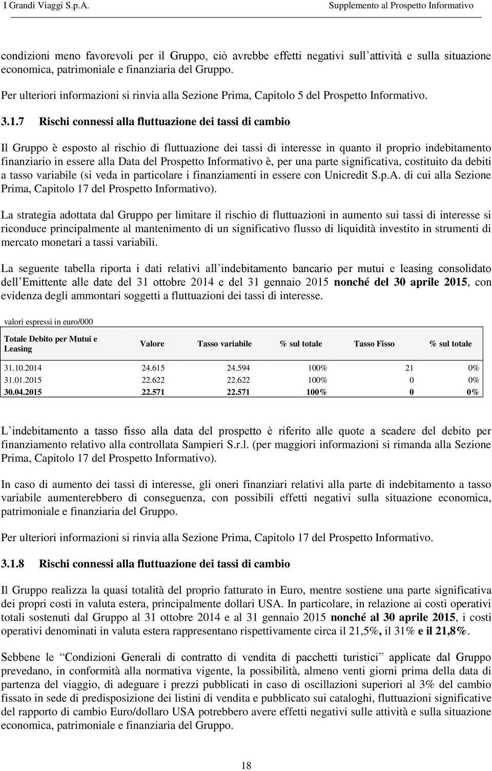 7 Rischi connessi alla fluttuazione dei tassi di cambio Il Gruppo è esposto al rischio di fluttuazione dei tassi di interesse in quanto il proprio indebitamento finanziario in essere alla Data del