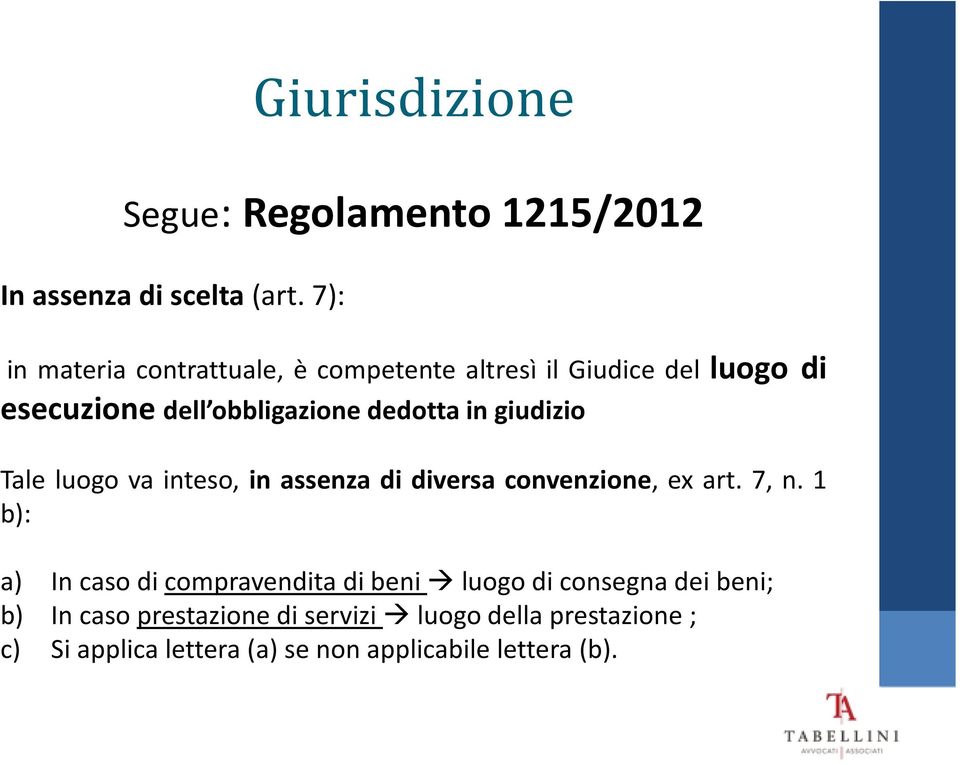 dedotta in giudizio Tale luogo va inteso, in assenza di diversa convenzione, ex art. 7, n.