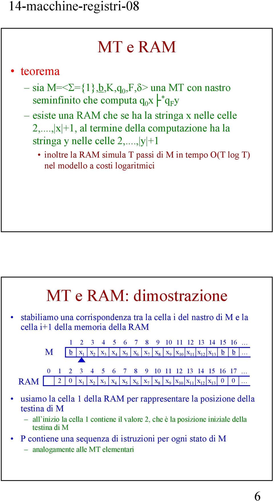 .., y +1 inoltre la RAM simula T passi di M in tempo O(T log T) nel modello a costi logaritmici MT e RAM: dimostrazione stabiliamo una corrispondenza tra la cella i del nastro di M e la cella i+1