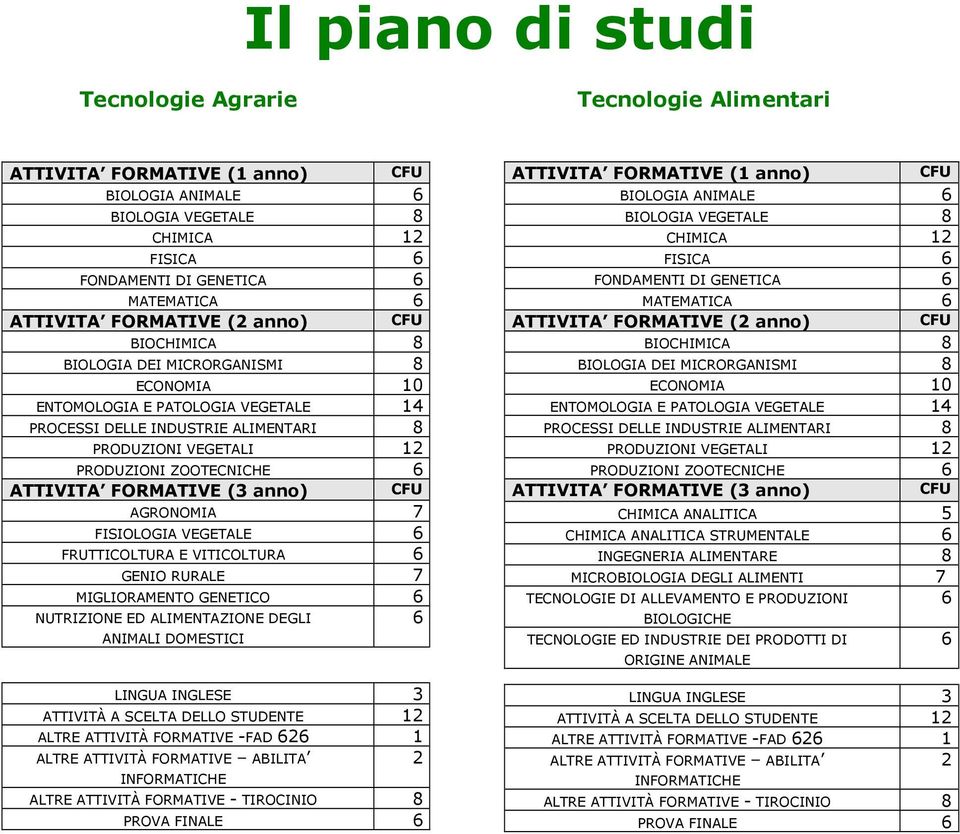 ATTIVITA FORMATIVE (3 anno) CFU AGRONOMIA 7 FISIOLOGIA VEGETALE 6 FRUTTICOLTURA E VITICOLTURA 6 GENIO RURALE 7 MIGLIORAMENTO GENETICO 6 NUTRIZIONE ED ALIMENTAZIONE DEGLI 6 ANIMALI DOMESTICI LINGUA