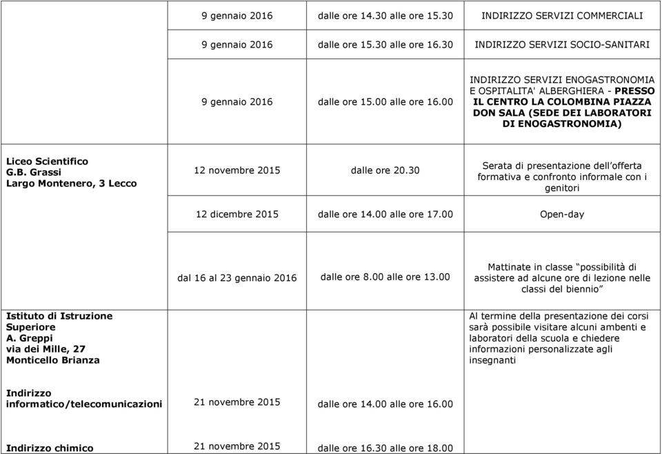 30 Serata di presentazione dell offerta formativa e confronto informale con i genitori dalle ore 14.00 alle ore 17.00 Open-day dal 16 al 23 gennaio 2016 dalle ore 8.00 alle ore 13.