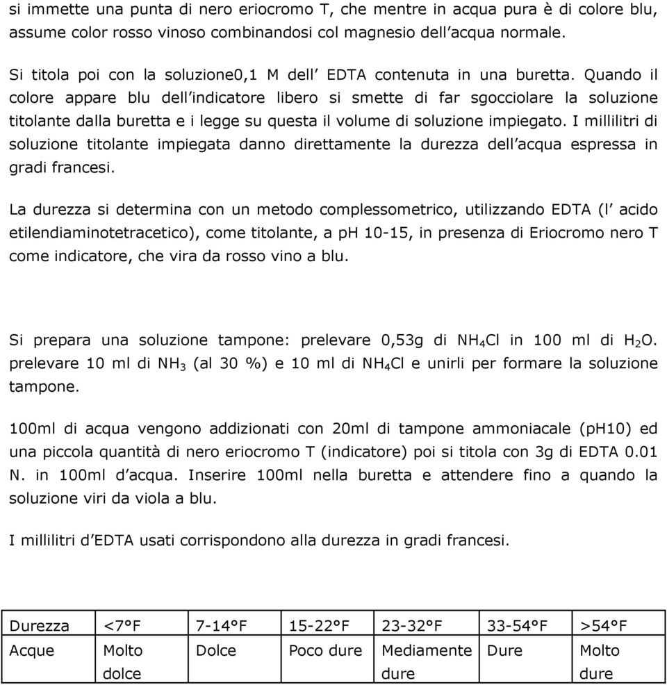 Quando il colore appare blu dell indicatore libero si smette di far sgocciolare la soluzione titolante dalla buretta e i legge su questa il volume di soluzione impiegato.